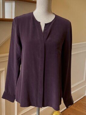 ECRU Split Neck 100% Silk Blouse in Dark Purple Size Sm
